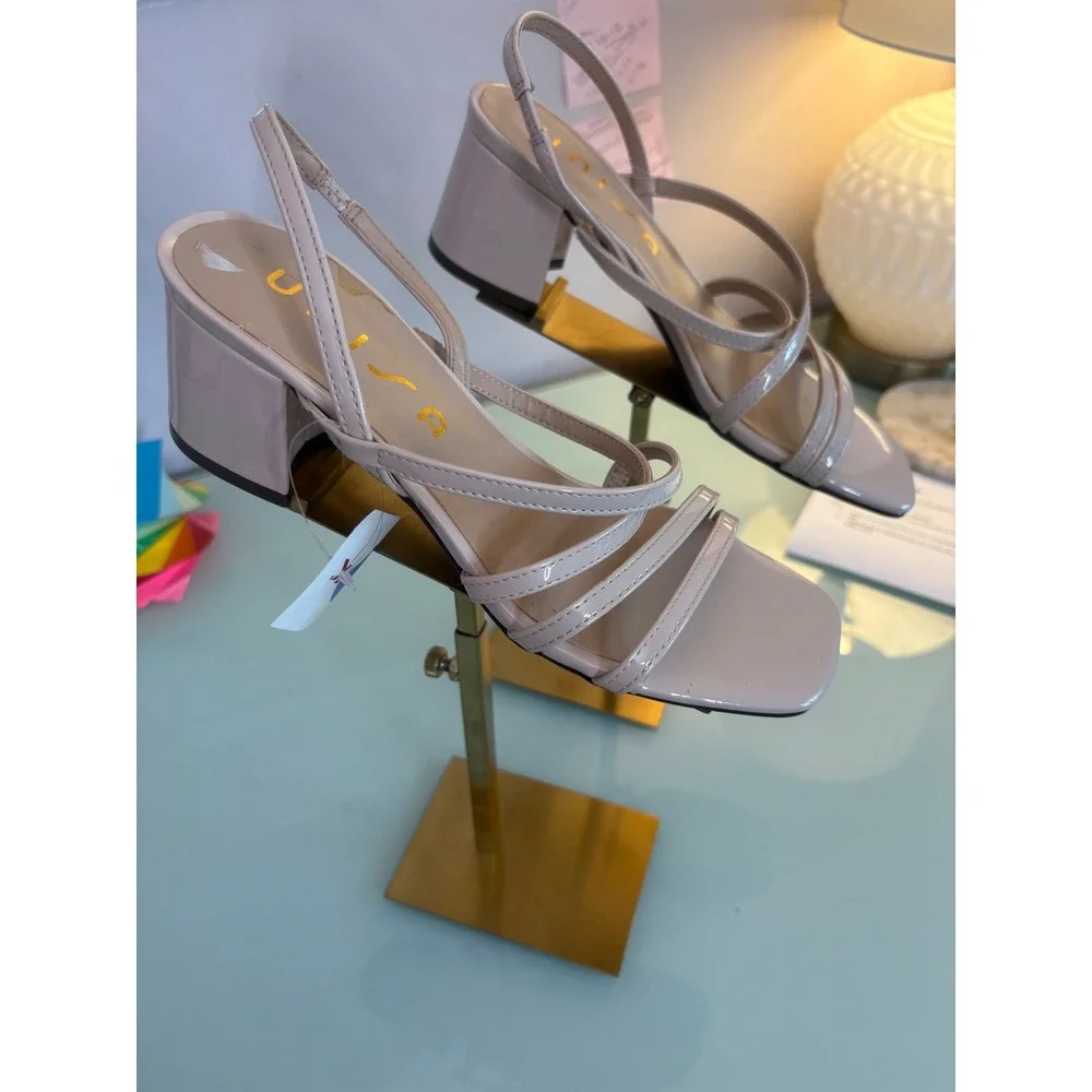 Unisa Sandals Strappy Beige Patent Block Heel Minimalist 6.5M
